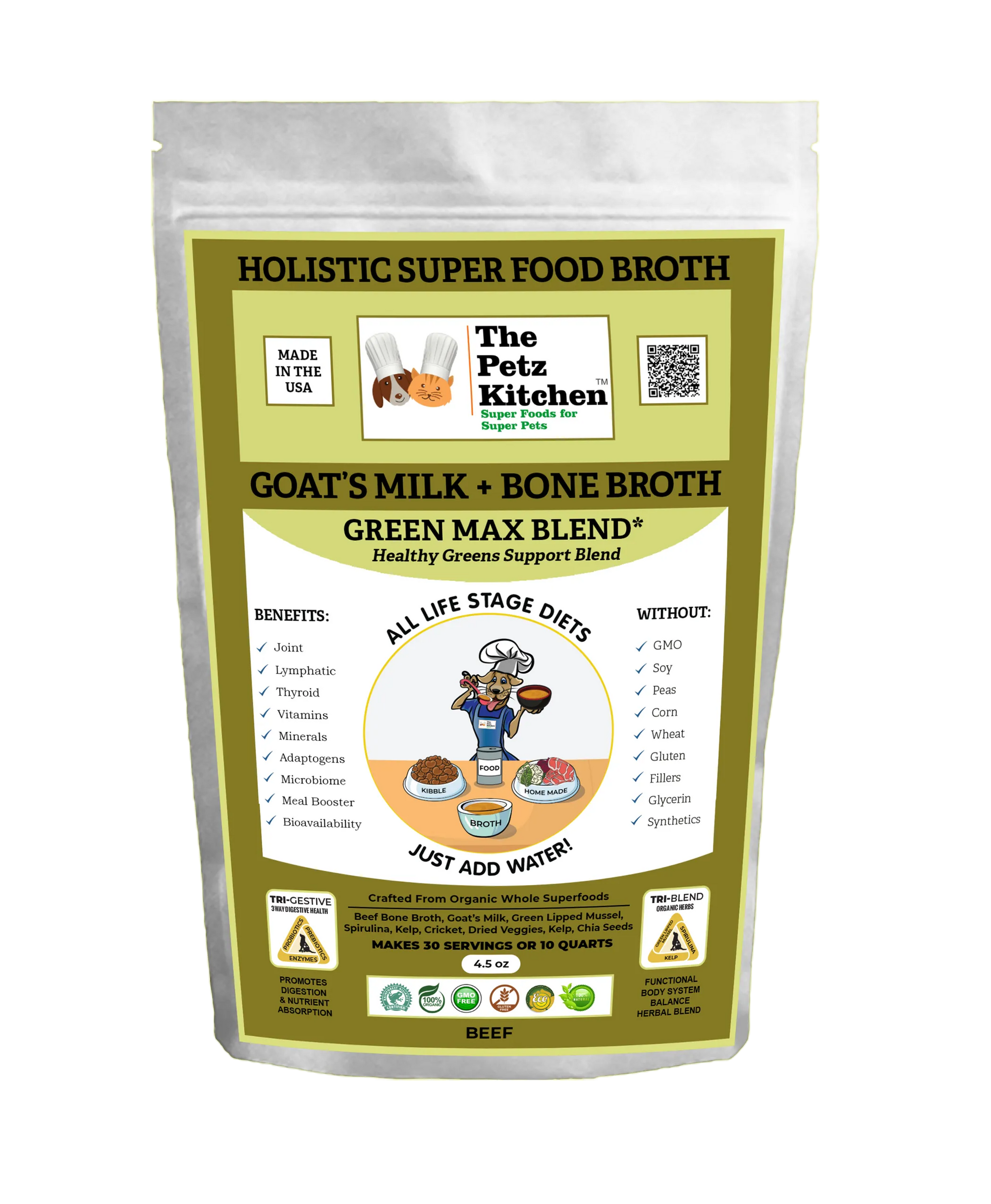 4APAWS™Goats Milk + Bone Broth Green Max Blend* Omega 3 & 6 Vitamin & Mineral Support* The Petz Kitchen Dog & Cat